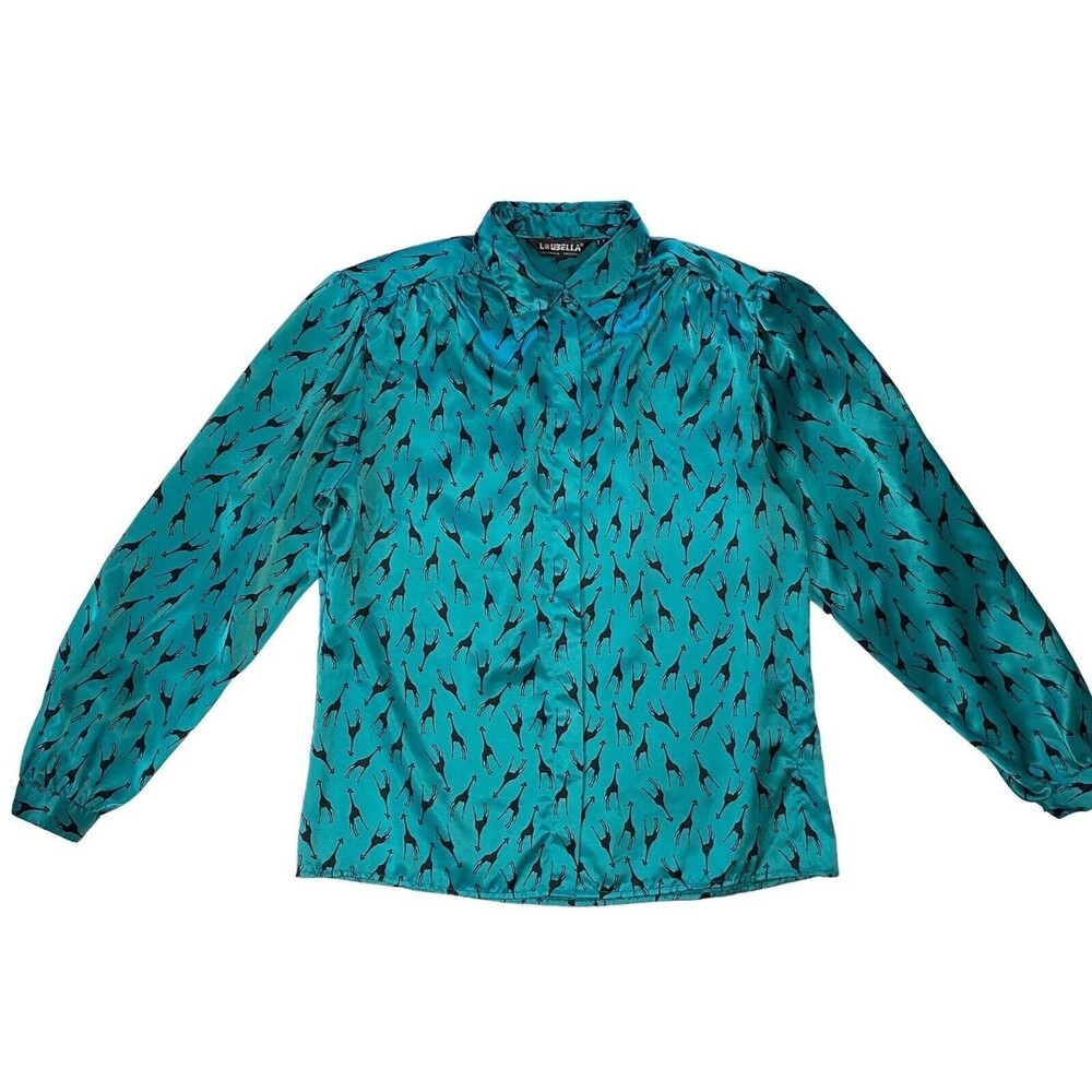 VTG Loubella Giraffe Print Blouse Womens 10 Green Black Button Front 80s Top
